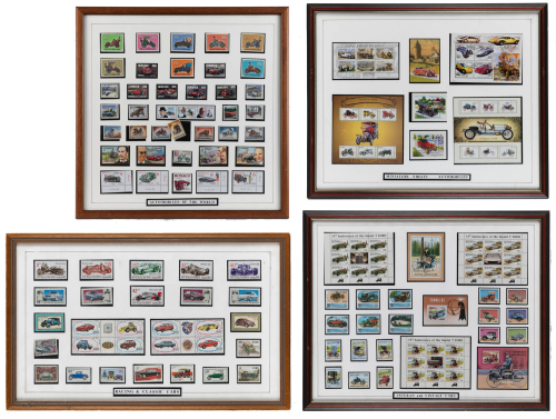 STAMP SETS: Four automotive framed & glazed stamp set collections