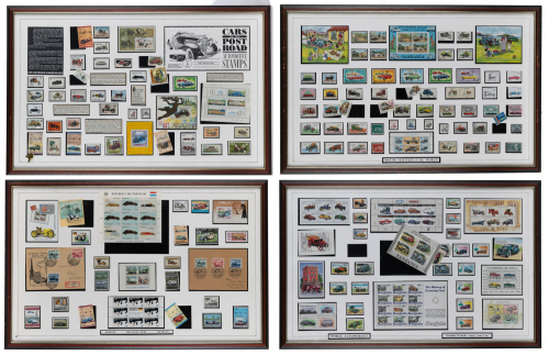 STAMP SETS: Four automotive framed & glazed stamp set collections