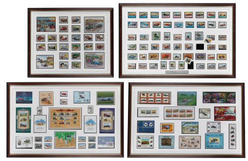 STAMP SETS: Four automotive framed & glazed stamp set collections