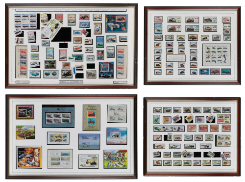 STAMP SETS: Four automotive framed & glazed stamp set collections