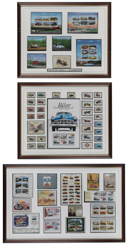 STAMP SETS: Three automotive framed & glazed stamp set collections