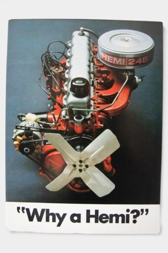CHRYSLER: A Chrysler Hemi engine sales brochure, a 6 page fold out brochure, featuring Stirling Moss and the Hemi 6 cylinder drive train chart