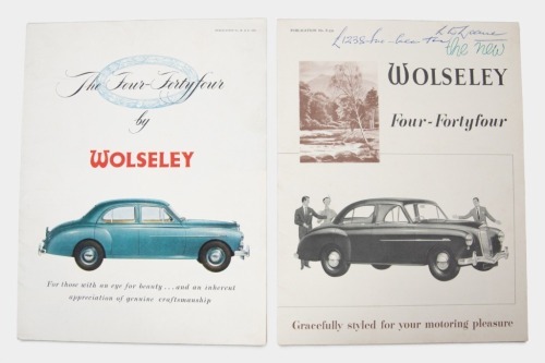WOLSELEY: A pair of circa mid 1950's Wolseley four-fortyfour sales brochures, both are fold out style brochures