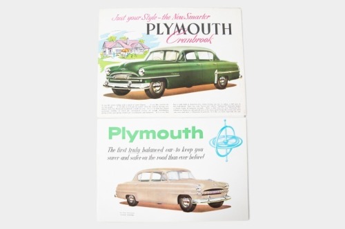 PLYMOUTH: A pair of circa 1950's Plymouth sales brochure, a 6 page fold out style brochure of the Cambridge and Cranbrook also a double sided single sheet Cranbrook leaflet