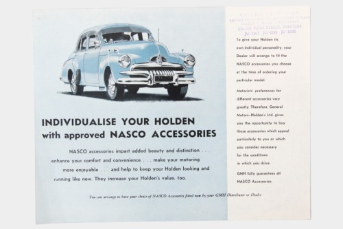 HOLDEN NASCO: A very rare FJ Holden NASCO accessories sales brochure, 4 pages, has Campbells Motors stamp on cover