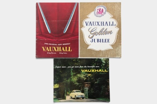 VAUXHALL: A trio of early Vauxhall sales brochures, a 16 page circa 1951 Wyvern and Velox brochure, a circa 1953 Vagabond and coupe utility double sided brochure, also a 12 page circa 1956 Velox and Wyvern brochure