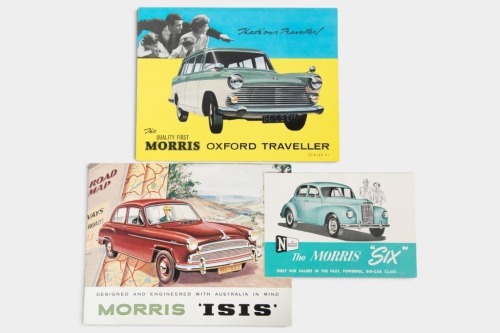 MORRIS: A trio of Morris sales brochures, a Morris Six from Lane's Motors Melbourne, Morris ISIS, also a Morris Oxford traveller series VI