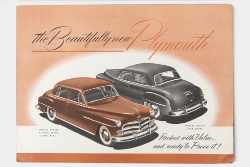 PLYMOUTH: A rare circa 1950's Plymouth sales brochure, an 8 page fold out style brochure, covering the Special De Luxe sedan and coupe models