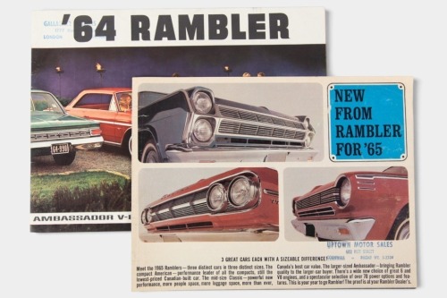 RAMBLER: A pair of Rambler sales brochures, a 28 page 1964 edition featuring the Ambassador, Classic 6 or V-8 and American 6, also a 12 page 1965 edition featuring the American, the Classic and the Ambassador