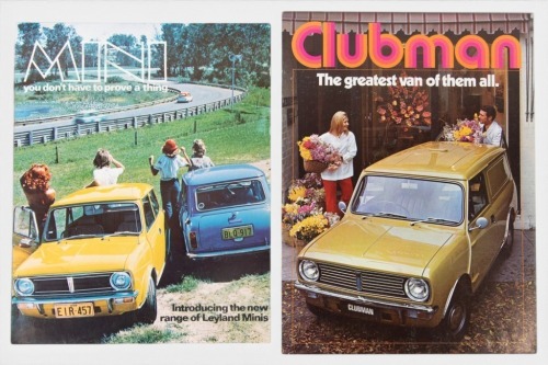 MINI: A pair of Leyland Mini pieces, a fold out newsletter of the Clubman magazine featuring the Clubman van, also a double side Leyland Mini sales brochure