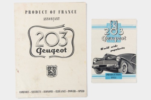 PEUGEOT: A pair of early Peugeot 203 sales brochures, a 1951 fold out brochure printed in France