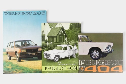 PEUGEOT: A trio of Peugeot sales brochures, a 403b fold out, a 404 including sedan & wagon, also a 305 full range in French text