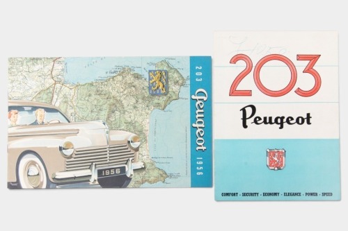 PEUGEOT: A pair of early Peugeot 203 sales brochures, a 1950 Australian debut fold out brochure printed in Australia, also an 8 page 1956 Peugeot 203 brochure