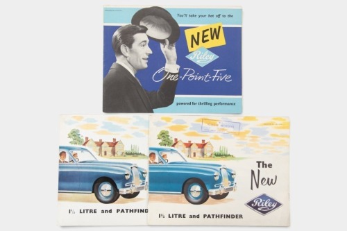 RILEY: A trio of Riley sales brochures, a 20 page brochure featuring 1 1/2 litre and Pathfinder, an 8 page style fold out brochure featuring 1 1/2 litre and Pathfinder, also a 1958 One-Point-Five 12 page style fold out brochure