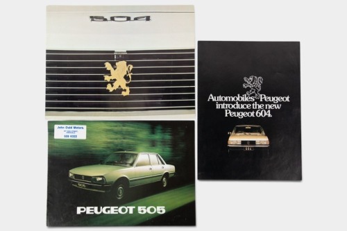 PEUGEOT: A trio of Peugeot sales brochures, a 12 page 504, a 12 page 505, also a 604 double side sheet