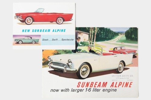 SUNBEAM: A pair of circa early 1960's Sunbeam Alpine sales brochures, these appear to be series II sales brochures, a larger 12 page fold out style brochure that is in 2 pieces, also a smaller brochure titled "Sleek, Swift, Spectacular"