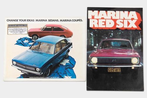 LEYLAND: A pair of Leyland Marina sales brochures, featuring the red six also both the deluxe and super deluxe ranges