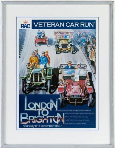 LONDON-BRIGHTON: A framed and glazed 1983 London to Brighton Veteran Car Run event poster, measuring 57cm high, 44cm wide