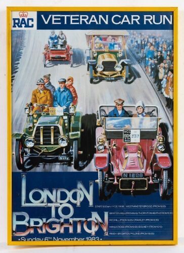 LONDON-BRIGHTON: A framed and glazed 1983 London to Brighton Veteran Car Run event poster, measuring 42.5cm high, 30.5cm wide