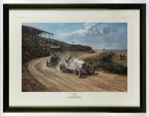 ALAN FEARNLEY: A framed and glazed limited edition (402/500) print by Alan Fearnley titled 'Team Conquest ', commemorating the success of Mercedes at the 1914 French Grand Prix at Lyon. Measuring 57.5cm high, 75cm wide