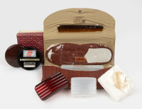 GENTLEMANS KIT: A Stratton (styled by Rainsfords of Sydney) gentlemans vanity travel set and shaving kit, vanity set includes slippers, comb, hairbrush etc in fitted case [Location: Melbourne]