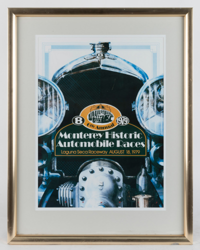 MONTEREY HISTORIC: A reproduced poster promoting the 1979 Monterey Historic Automobile Races at Laguna Seca Raceway featuring photo of early Bentley model, poster 55cm high, 40cm wide, mounted, framed & glazed [Location: Melbourne]