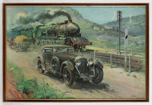BENTLEY: A print 'Bentley V Blue Train' by artist Terence Cuneo, depicting a c1930 Bentley Speed Six racing a French locomotive, 53cm high, 80cm wide overall [Location: Melbourne]