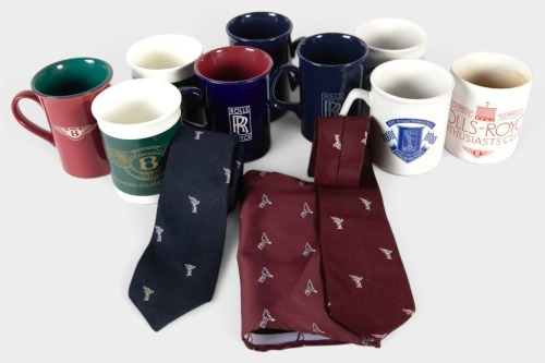 COFFEE MUGS: A group of nine Rolls-Royce & Bentley themed coffee mugs, includes mostly Rolls-Royce Enthusiasts' Club mugs, also including two Rolls-Royce mens neck ties [Location: Melbourne]
