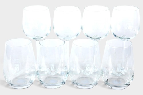 WINEGLASSES: Eight wineglasses each etched with Rolls-Royce logos, including four Rolls-Royce Owners Club stemless wineglasses, and four traditional wineglasses [Location: Melbourne]
