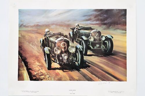 BENTLEY BLOWER: A limited edition (275 of 500) reproduced print 'Racing Green' by Dion Pears, depicting two Bentley Blowers racing, signed by the artist, 52cm high, 69cm wide [Location: Melbourne]