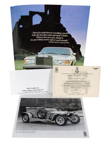 SILVER GHOST: A commemorative photograph of the 1907 R-R Silver Ghost and a card celebrating the arrival of Silver Ghost AX 201 in Australia 1984 [Location: Melbourne]