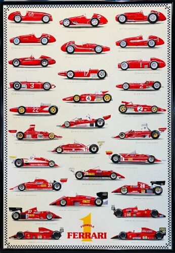 FERRARI: A framed poster on corflute depicting Ferrari Formula One cars from 1948-1991 [Location: Sydney]