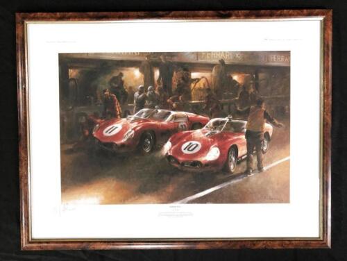 FERRARI: An Alan Fearnley Ferrari 250TR print from 1961 Le Mans. Olivier Gendebien and Phil Hill signatures