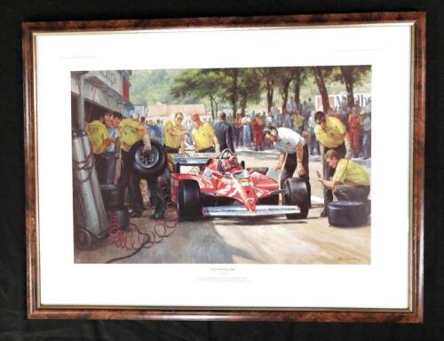 FERRARI: An Alan Fearnley print depicting Gilles Villeneuve making a pit stop during practice for the 1981 Monaco G.P. L.E 28/850