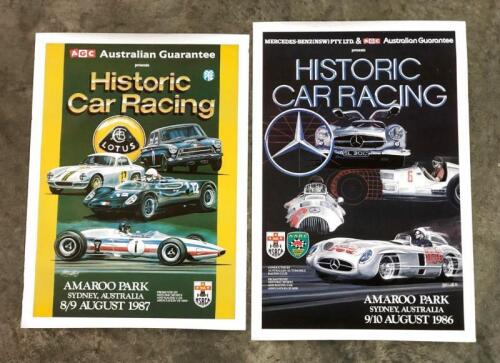 RACING: Pair 1986 & 1987 Amroo Park Historic Car Racing one depicting Lotus cars the other Mercedes; 52 cm wide, 70cm high.