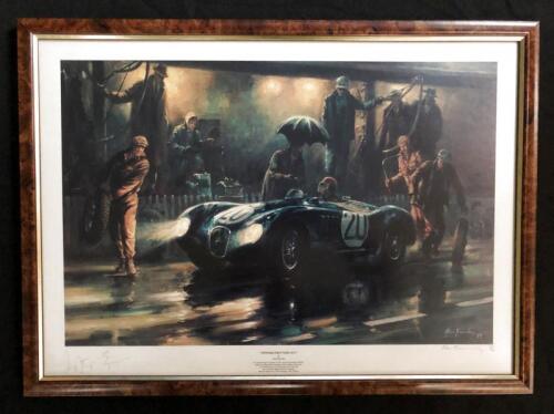 JAGUAR: An Alan Fearnley print depicting Jaguar XK120C winning the 1951 Le Mans on debut. L.E 813/850. Signed by the "father of Jaguar cars" the late Lofty England