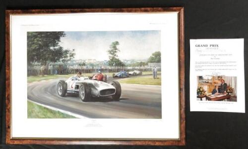 FANGIO: An Alan Fearnley print depicting Juan Manuel Fangio on his way to victory in the 1955 Argentine Grand Prix. L.E 361/500. CoA. Juan Manuel Fangio signature