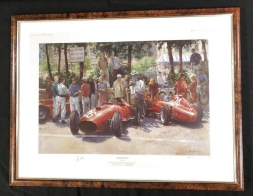 MOSS: An Alan Fearnley print depicting driver gathering in Ferrari pits, Monaco 1957. L.E 152/500. Signed by the late Stirling Moss