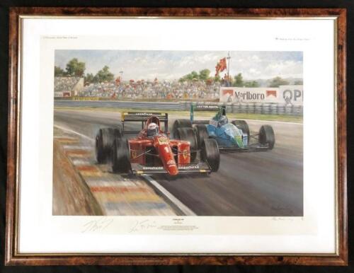 FERRARI: An Alan Fearnley print depicting Alain Prost wining Ferrari's 100th F1 Grand Prix. L.E 318/850. Prost signature