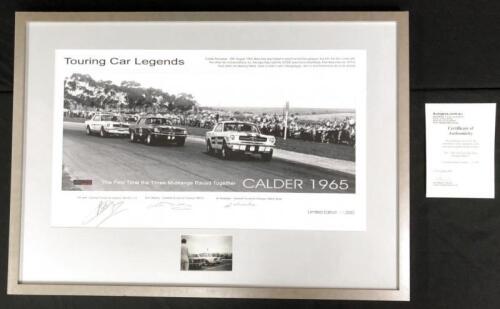 TOURING CAR LEGENDS: A rare superb photograph of Calder Raceway 1965 depicting the first time the 'Mustangs Raced Together'. L.E 17/500. Signed by "Storming" Norm Beechey, the late Bob Jane and the late "Pete" Ian Geoghegan