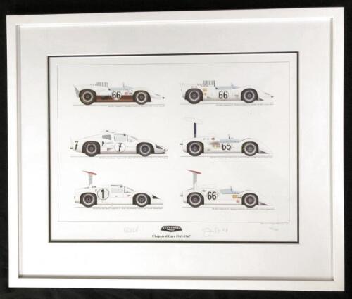 CHAPARRAL: A Kane Rogers print of Chaparral Cars 1965 - 1967. L.E 16/500. Signed by the Chaparral Car designer / builder Jim Hall and World Champion Phil Hill