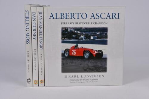 F1 DRIVERS: A group of four hardcover books by Karl Ludvigsen detailing the racing careers of various F1 drivers including Alberto Ascari, Juan Manuel Fangio, Dan Gurney, Stirling Moss