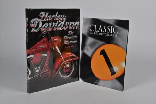 MOTORCYCLES: Two hardcover books detailing motorcycles. 'Harley-Davidson - The Ultimate Machine' hardcover book by Tod Rafferty