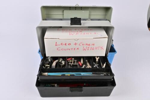 SPARE PARTS: Two toolboxes complete with electrical components and lighting accessories, ties, files, knives, loco and coach counterweights