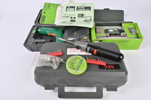 TOOLS: A Ryobi cordless power driver/drill, Black & Decker power driver with accessories and a Minitool handheld belt sander