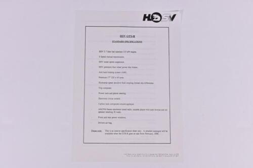 HSV GTS-R: A photocopied 1995 HSV GTS-R Standard Specification sheet (interim specification sheet)