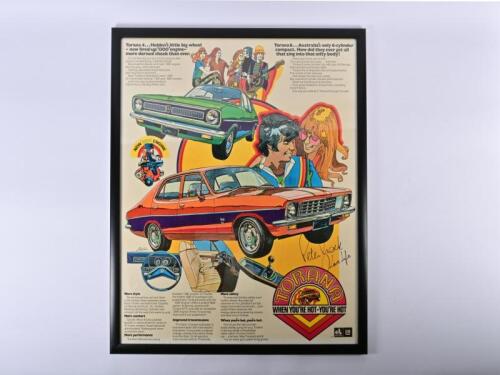 TORANA: An impressive and rare 'TORANA - WHEN YOU'RE HOT - YOU'RE HOT' poster (L58) depicting Torana 4 and Torana 6 models. Signed by Peter Brock (94.5cm high x 80cm wide)