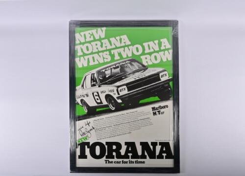 TORANA: A superb and very rare circa 1974 Torana poster - "NEW TORANA WINS TWO IN A ROW". Signed by Peter Brock (106cm high x 77cm wide)