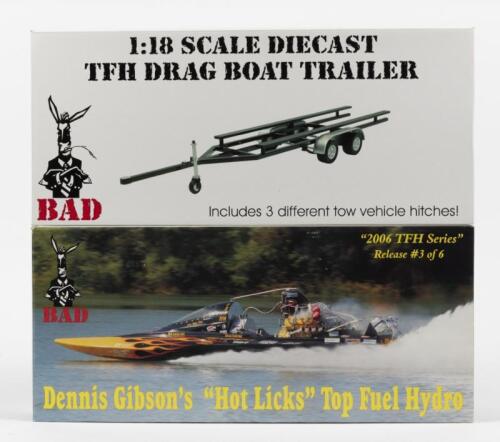 TOP FUEL HYDRO: A NOS 1:18 scale BAD Dennis Gibson's "HOT LICKS" Top fuel Hydro and his Drag Boat Trailer