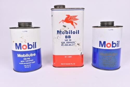 MOBIL: Three Mobil oil tins